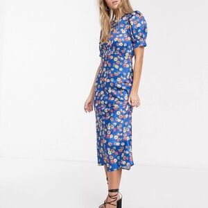 ASOS Satin Blue Floral Midi dress bell sleeves size US12